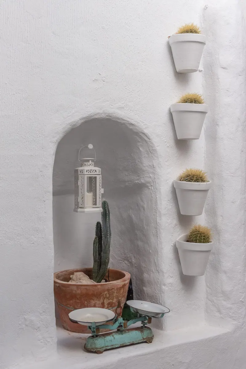 Hornacina con cactus y macetas blancas